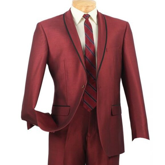 Mens 1 Button Shawl Tuxedo in Burgundy with Black Satin Trim